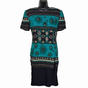 VTG 1990s KC SPENSCER BY CHELSEA RUSSOU DRESS TEAL & BLACK BOHO TRIBAL RAYON M
